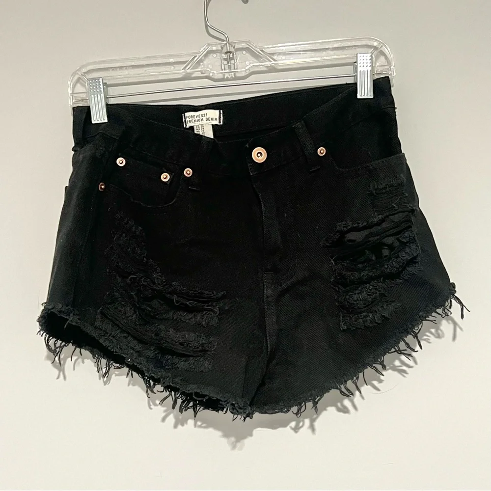 Forever 21 Premium Denim Black Ripped Jean Shorts Jorts Size 28 Grunge Edgy
